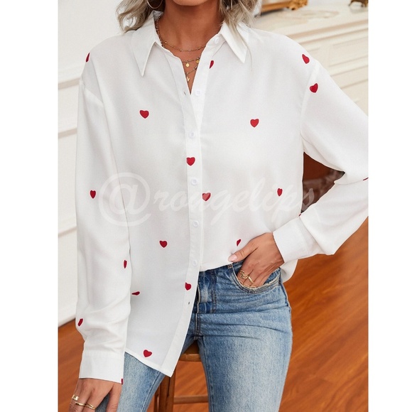White Casual Shirt Red Hearts Printed Button Down Up Long Sleeve - Picture 1 of 9